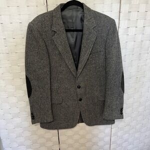 Herringbone Blazer Wool‎ Sport Coat Elbow Patch Two Button Jacket Mens Size 39 R